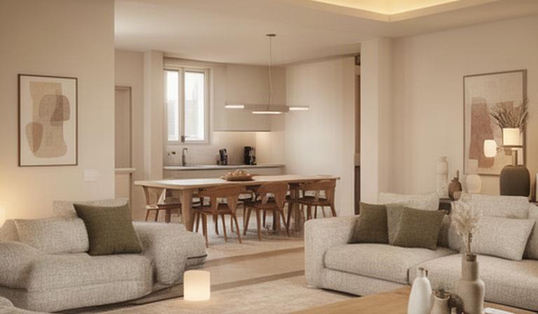 Soggiorno open space bolognese con divano neutro, tavolo in legno e lampade a più livelli